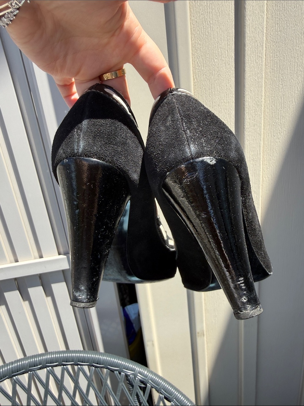 Moschino Jeans Black Suede Peep-Toe Women's Heels with Contrast Trim - Picture 6 of 9